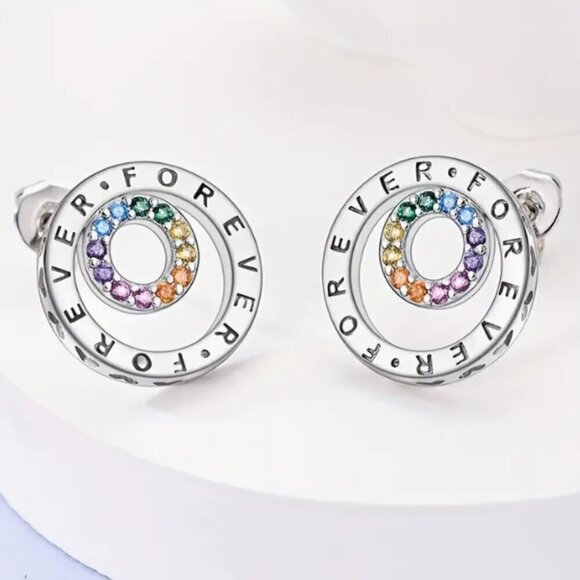 925 Sterling Silver Forever Round Stud Earrings with Zircon Rainbow Stones - Picture 3 of 4